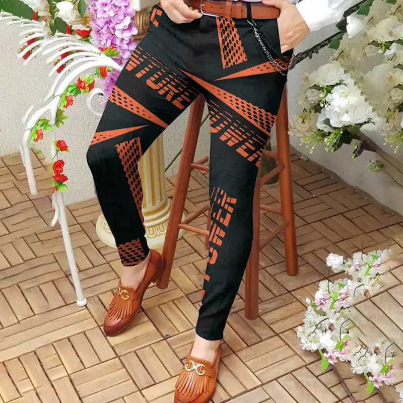 3D Printed Slim Fit Men's Mid Waist Straight Pants Black Orange - Image 7