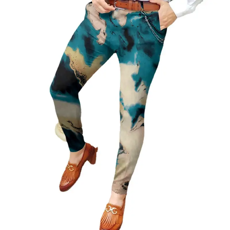 3D Printed Slim Fit Men's Mid Waist Straight Pants Black Orange - Image 19