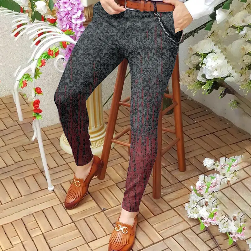 3D Printed Slim Fit Men's Mid Waist Straight Pants Black Orange - Image 2