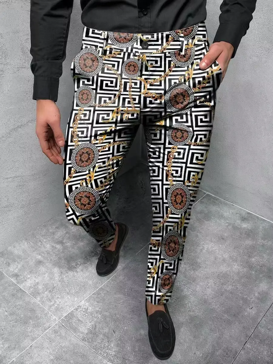 3D Printed Slim Fit Men's Mid Waist Straight Pants Black Orange - Image 16