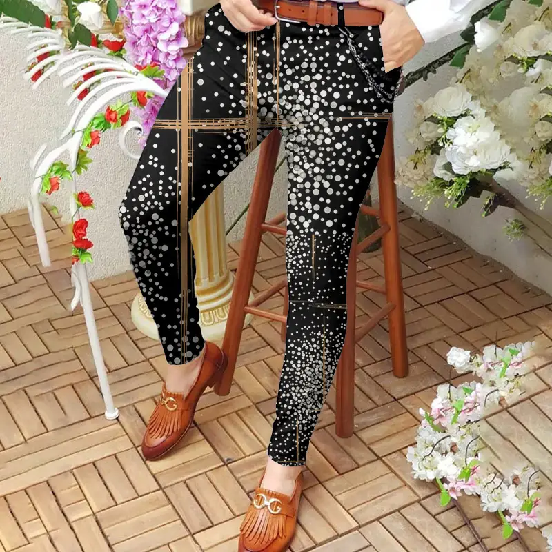 3D Printed Slim Fit Men's Mid Waist Straight Pants Black Orange - Image 3