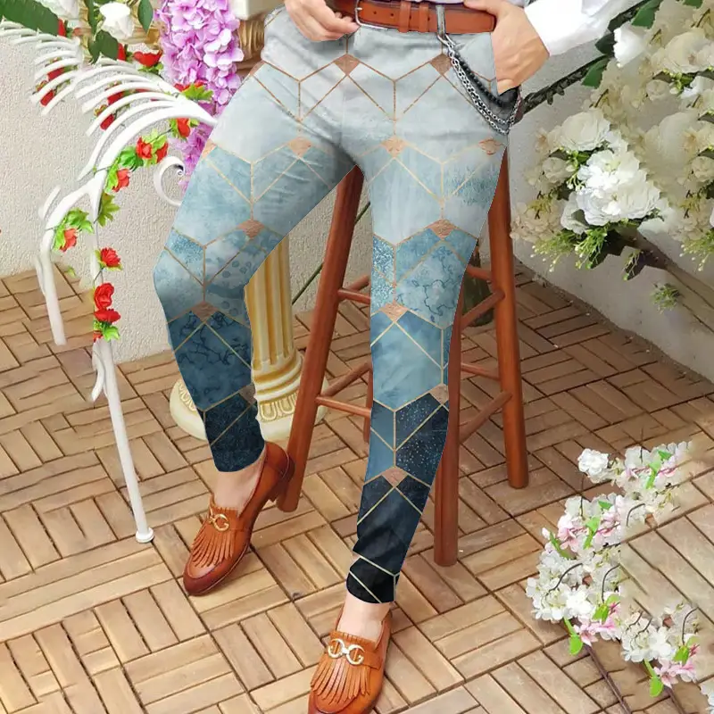 3D Printed Slim Fit Men's Mid Waist Straight Pants Black Orange - Image 4