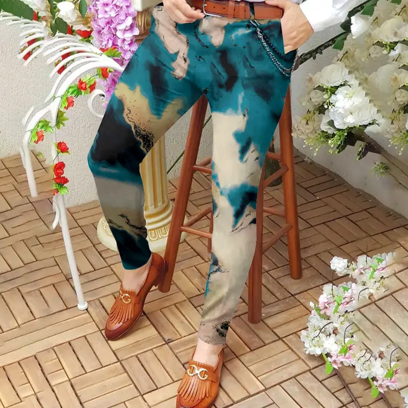 3D Printed Slim Fit Men's Mid Waist Straight Pants Black Orange - Image 6