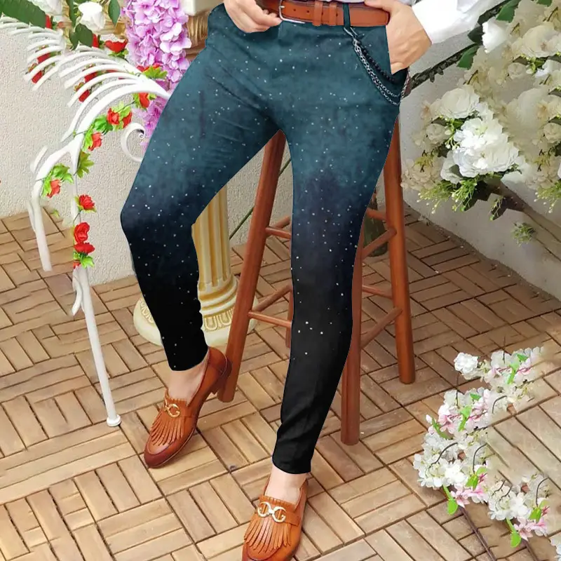 3D Printed Slim Fit Men's Mid Waist Straight Pants Black Orange - Image 9