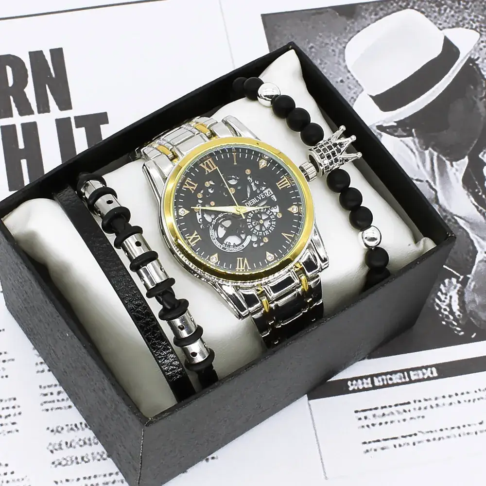 Men's Quartz Watch with Gold Steel Strap Bracelet Set - Image 3