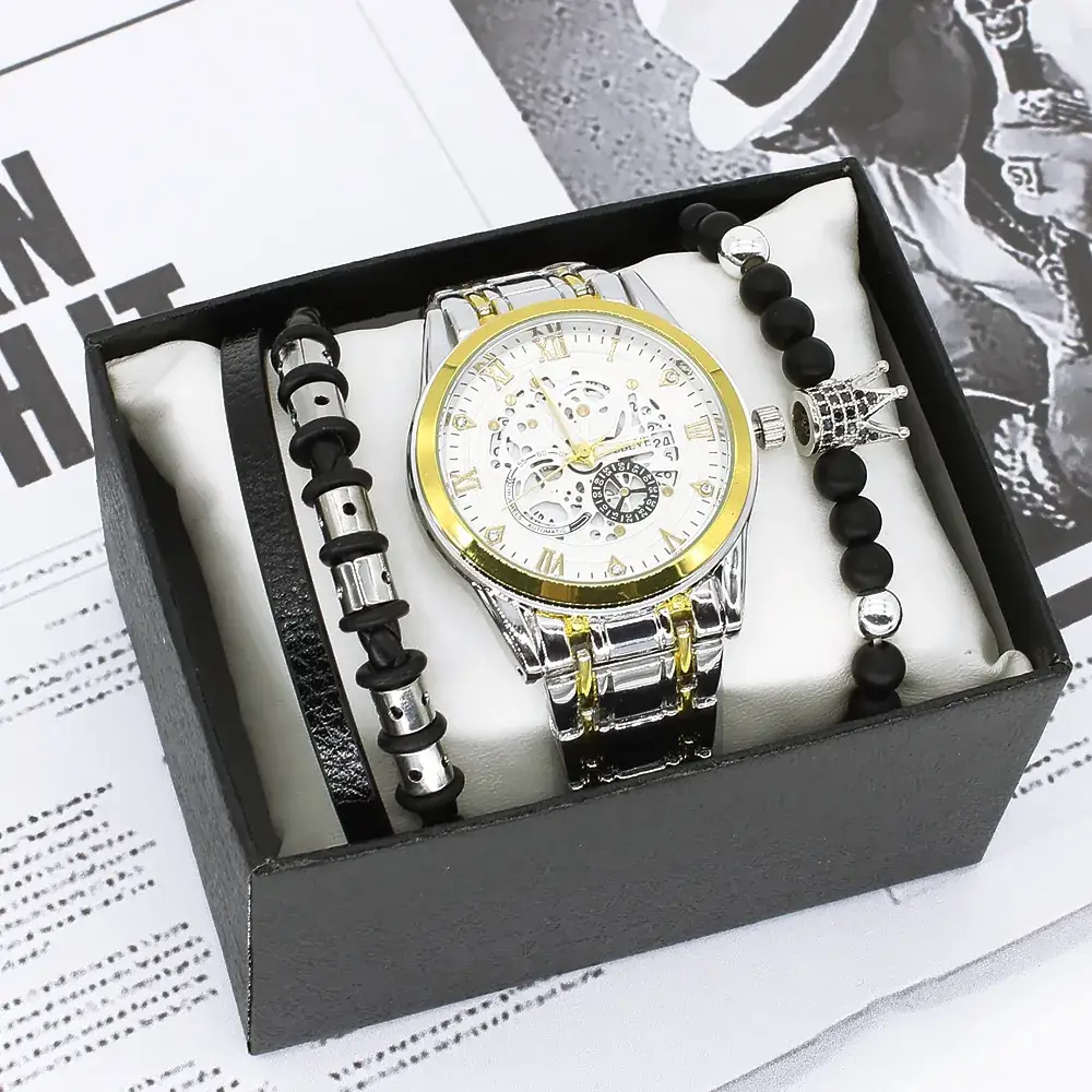 Men's Quartz Watch with Gold Steel Strap Bracelet Set - Image 4