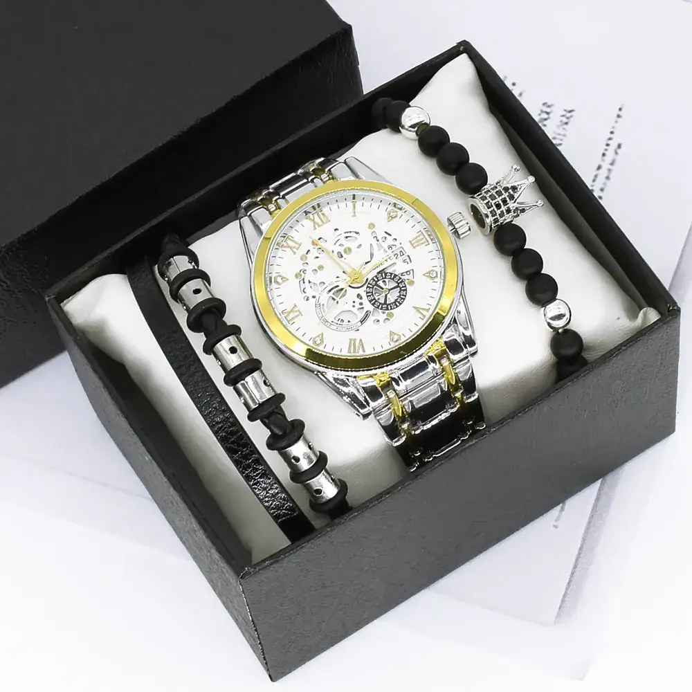 Men's Quartz Watch with Gold Steel Strap Bracelet Set - Image 2