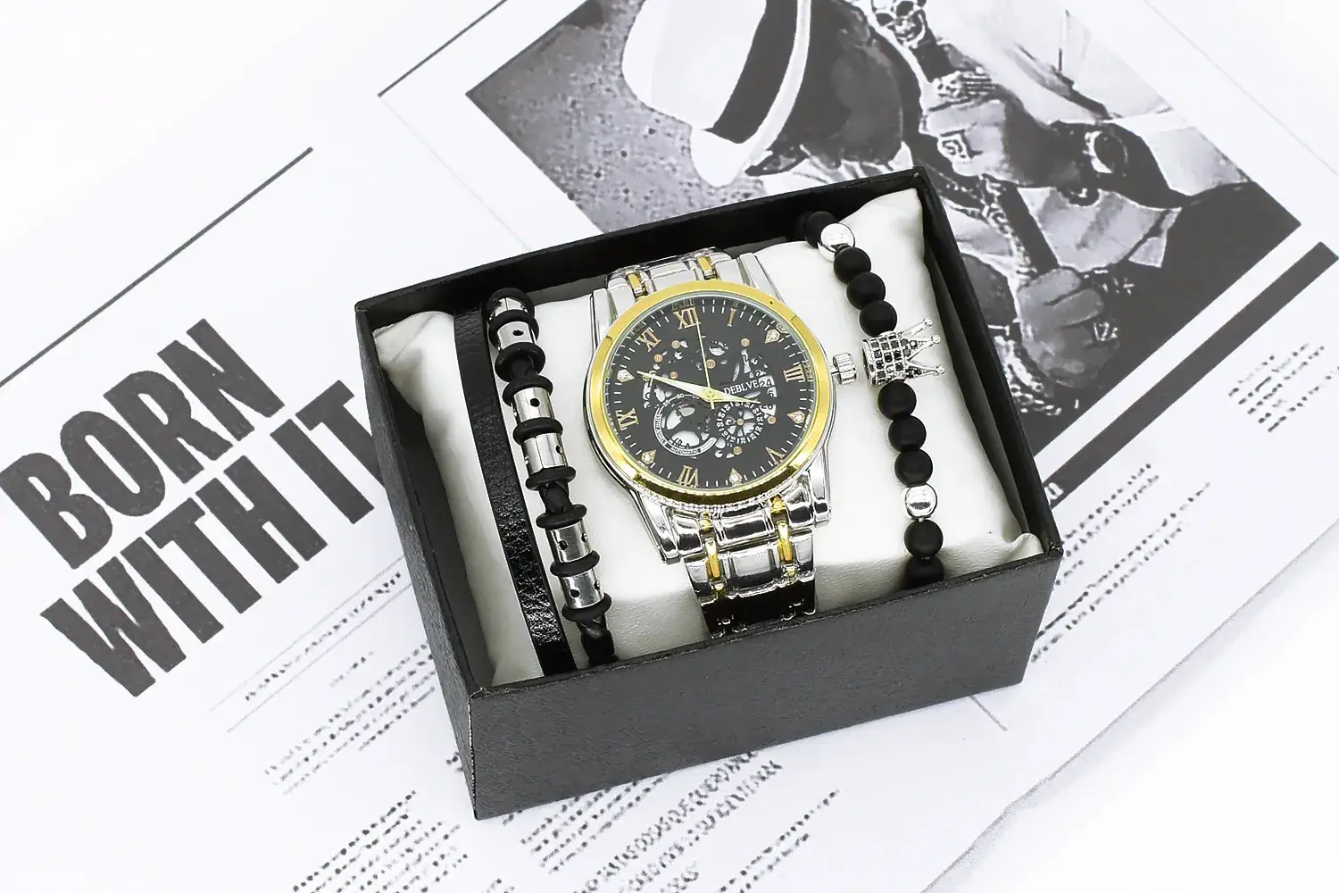 Men's Quartz Watch with Gold Steel Strap Bracelet Set — feature 5