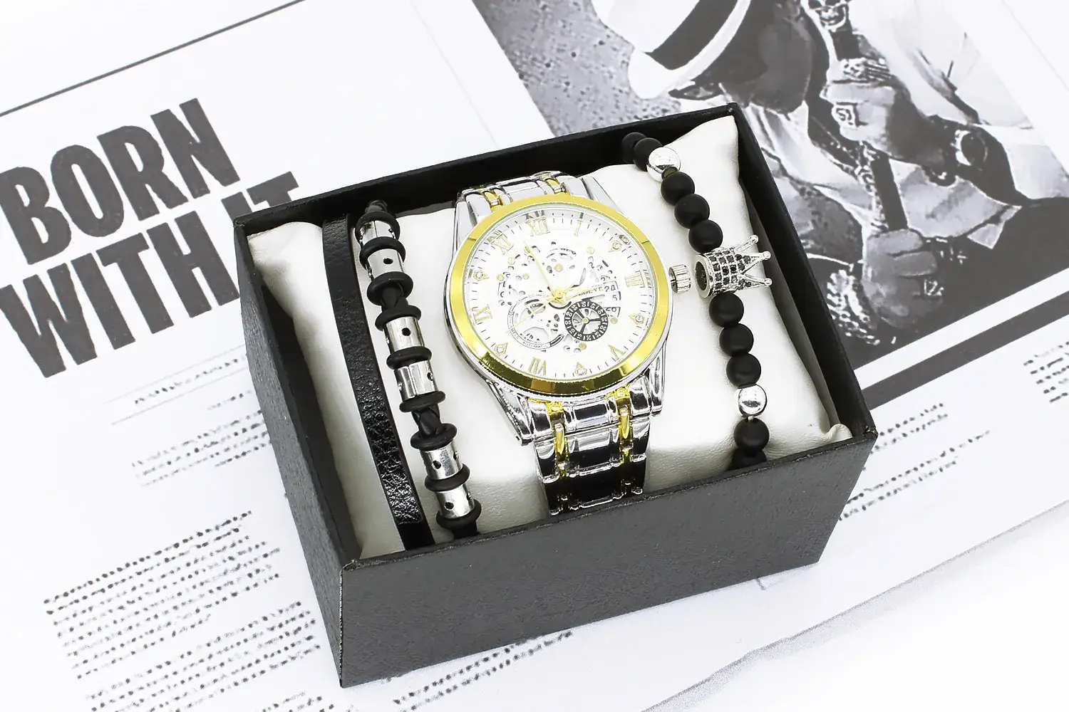 Men's Quartz Watch with Gold Steel Strap Bracelet Set — feature 6