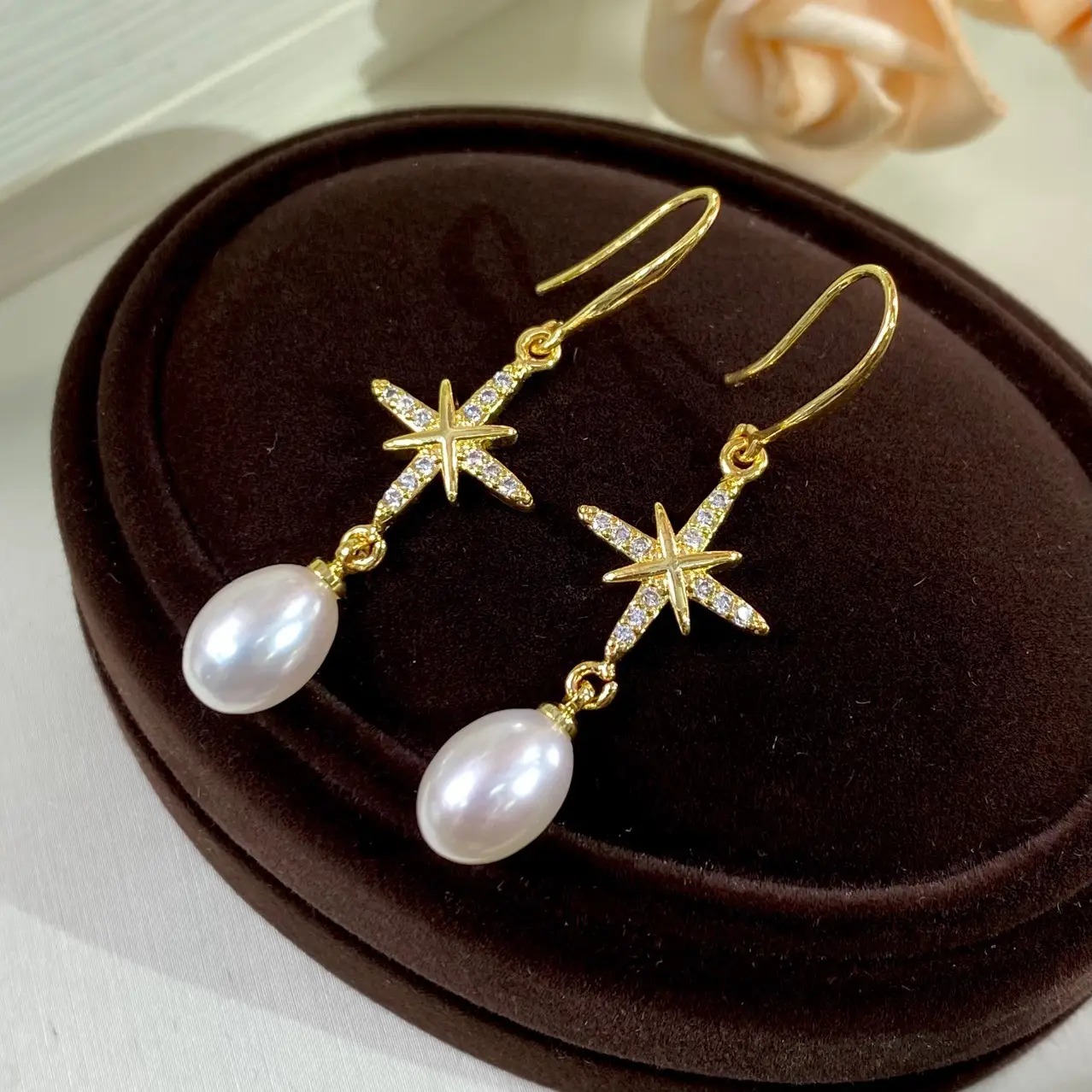 Gold Star Pearl Earrings Set for Women - Image 2