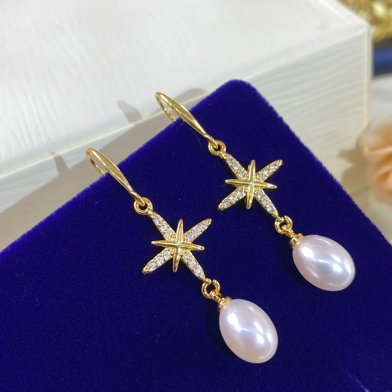 Gold Star Pearl Earrings Set for Women - Image 4
