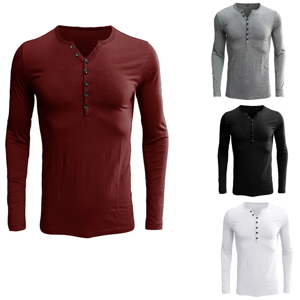 Men's Blue Long Sleeve Henley Shirt with Button Front
