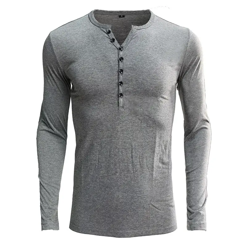 Men's Blue Long Sleeve Henley Shirt with Button Front