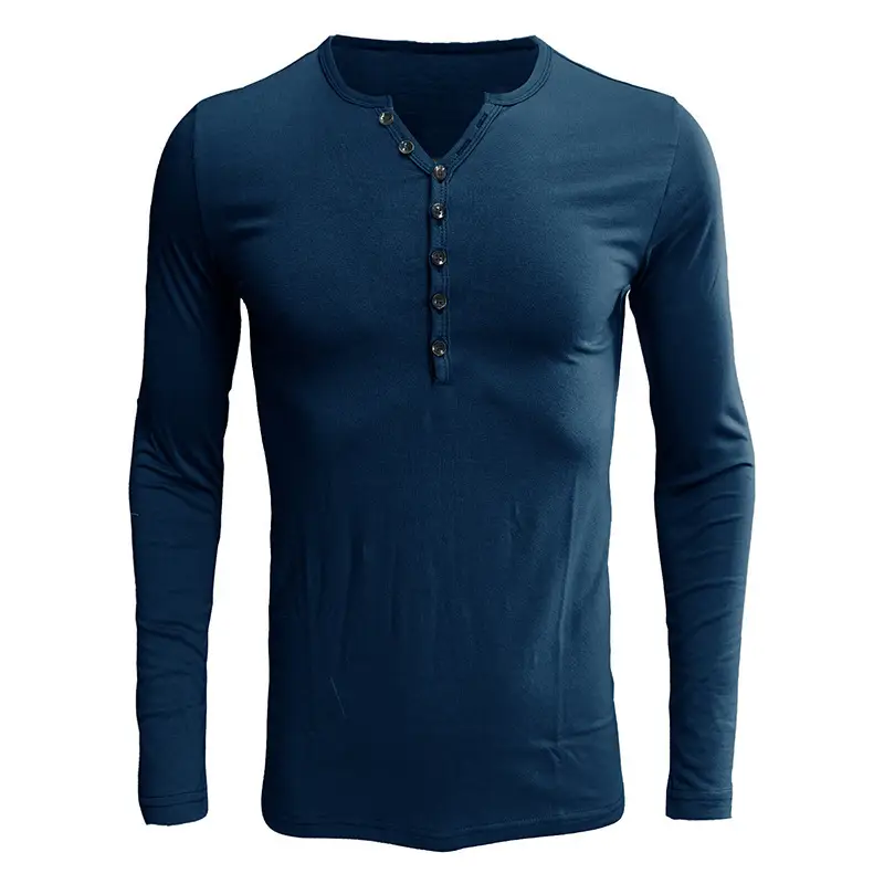 Men's Blue Long Sleeve Henley Shirt with Button Front