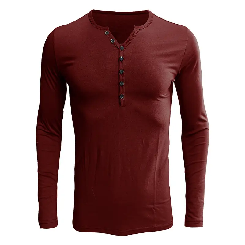 Men's Blue Long Sleeve Henley Shirt with Button Front