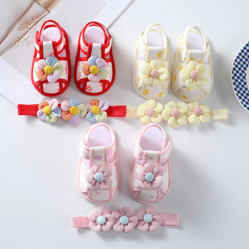 2023 Newborn Baby Sandals Red Floral Hair Band Set 0-6M