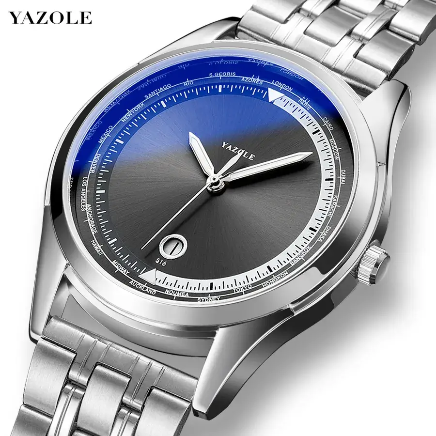 Men's Luminous Blue Dial Steel Band Quartz Watch - Image 3