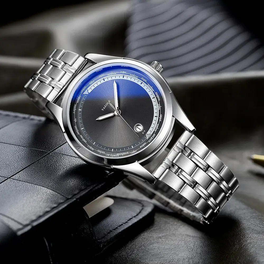 Men's Luminous Blue Dial Steel Band Quartz Watch - Image 4