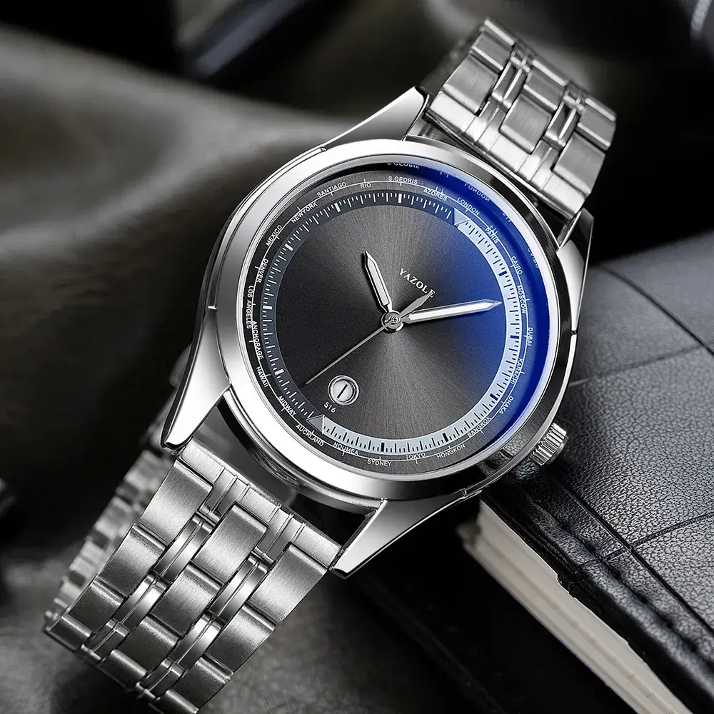 Men's Luminous Blue Dial Steel Band Quartz Watch - Image 5