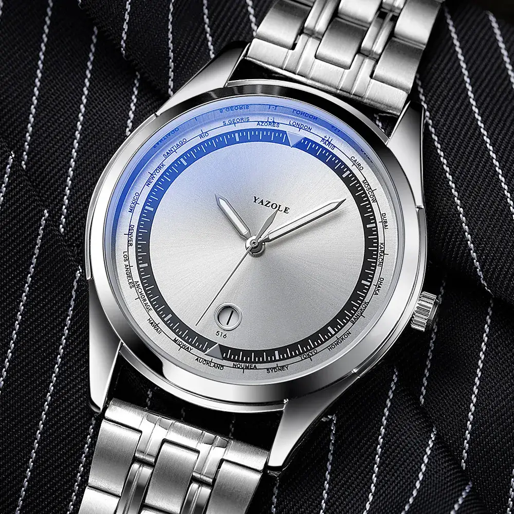 Men's Luminous Blue Dial Steel Band Quartz Watch - Image 6