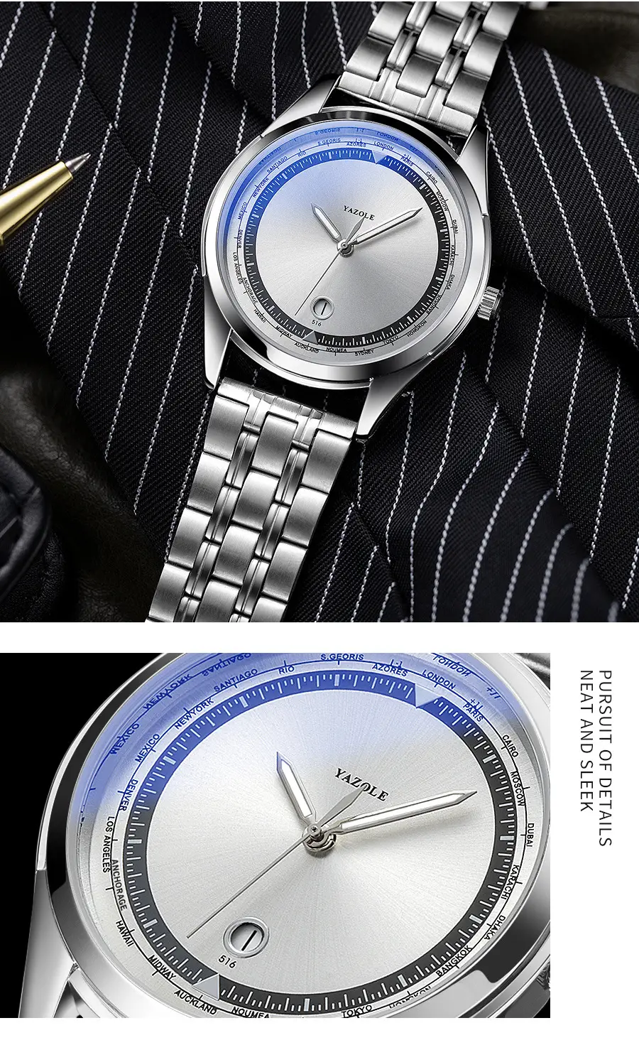 Men's Luminous Blue Dial Steel Band Quartz Watch — feature 11