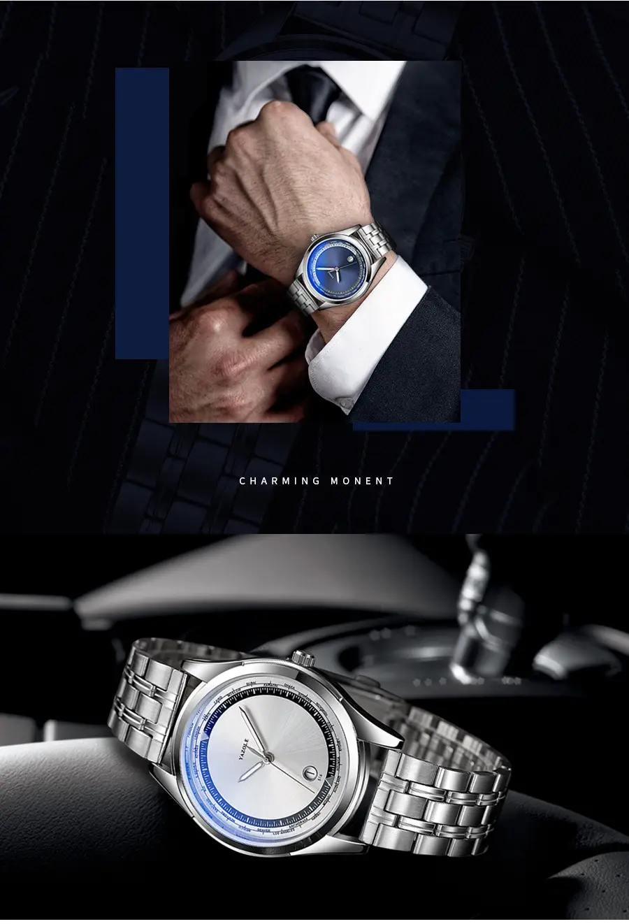 Men's Luminous Blue Dial Steel Band Quartz Watch — feature 3