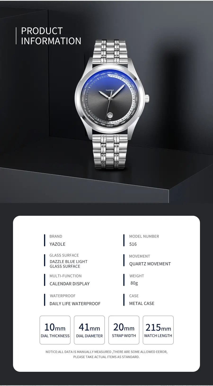Men's Luminous Blue Dial Steel Band Quartz Watch — feature 7