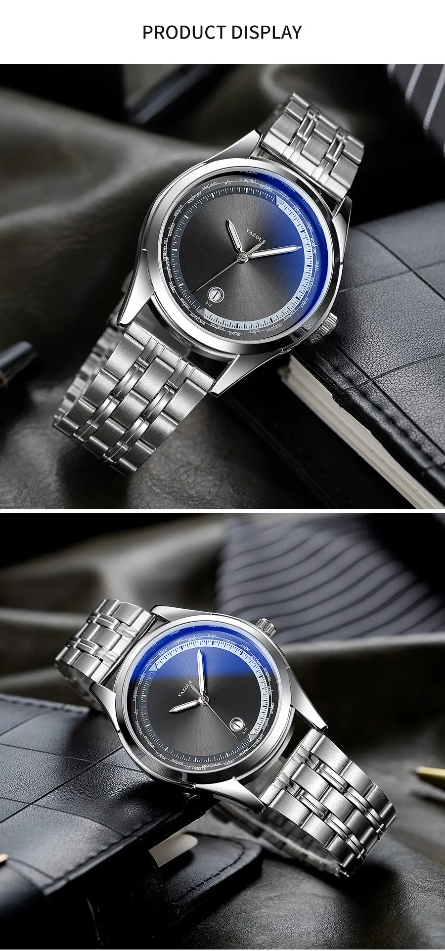 Men's Luminous Blue Dial Steel Band Quartz Watch — feature 9