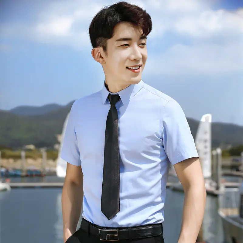Men's White Short-Sleeve Business Shirt with Blue Tie