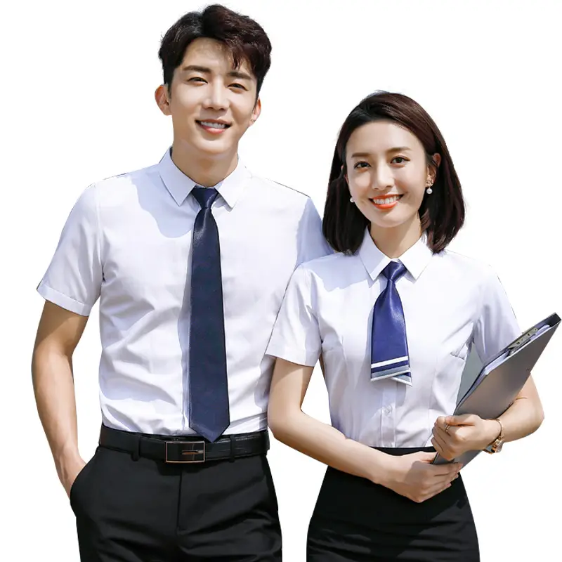 Men's White Short-Sleeve Business Shirt with Blue Tie