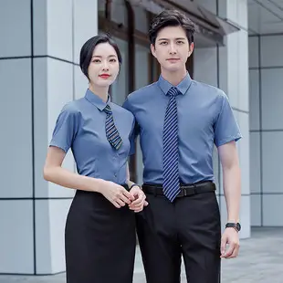 Men's White Short-Sleeve Business Shirt with Blue Tie — feature 11