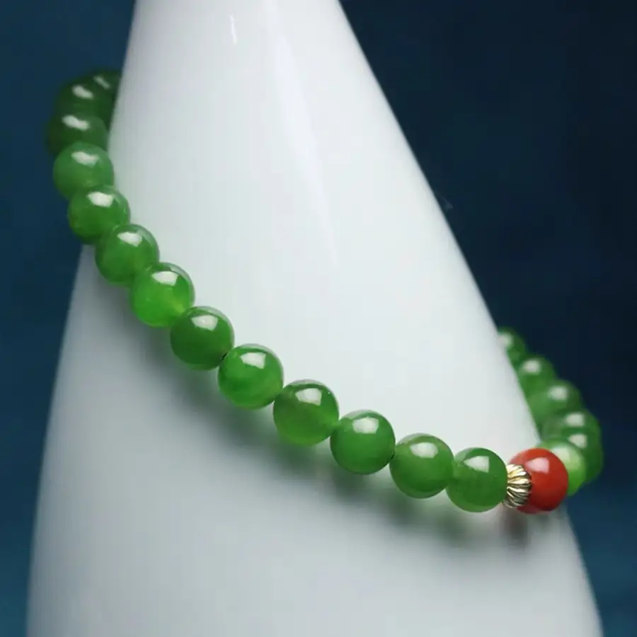 Natural Hetian Jade Jasper Bracelet with Red Agate Spinach Green Single Ring - Image 4