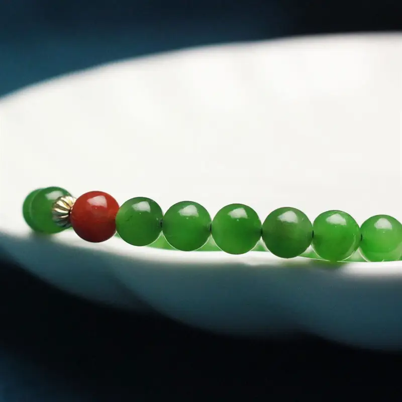 Natural Hetian Jade Jasper Bracelet with Red Agate Spinach Green Single Ring - Image 7