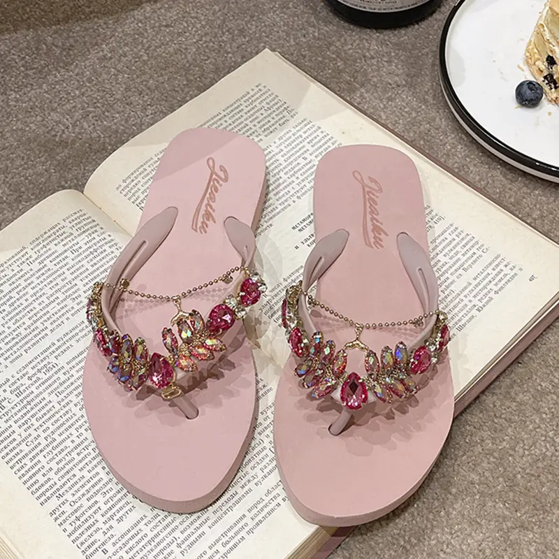 2023 Rhinestone Flip Flops Women Pink Small