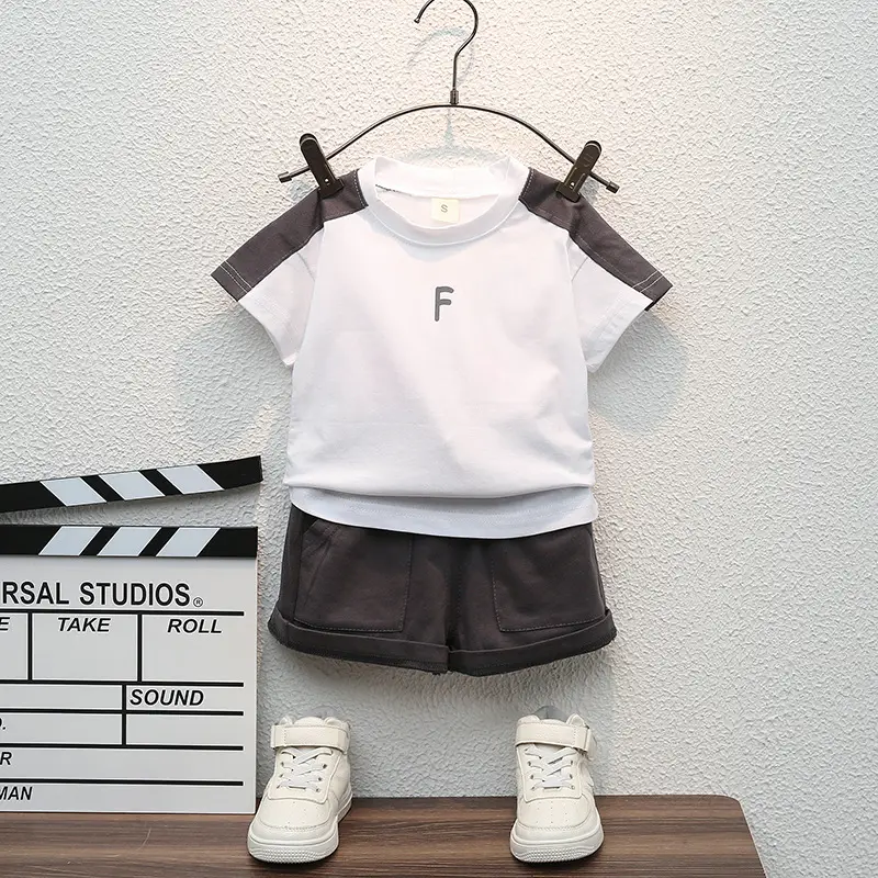 Children Cotton T-Shirt Shorts Set Green White Summer - Image 2