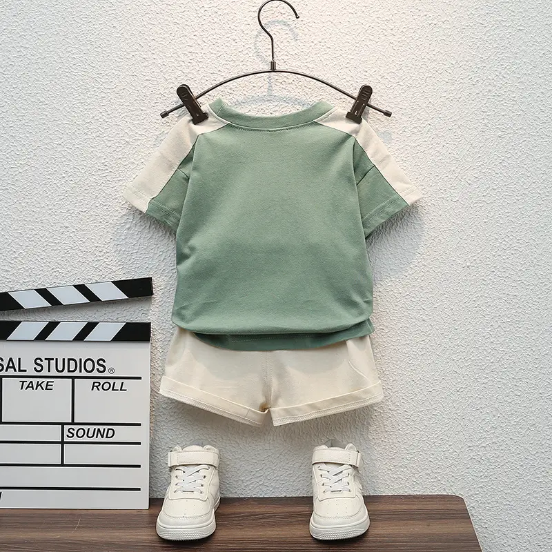 Children Cotton T-Shirt Shorts Set Green White Summer - Image 4