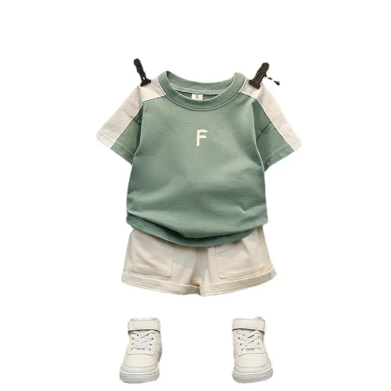 Children Cotton T-Shirt Shorts Set Green White Summer - Image 6