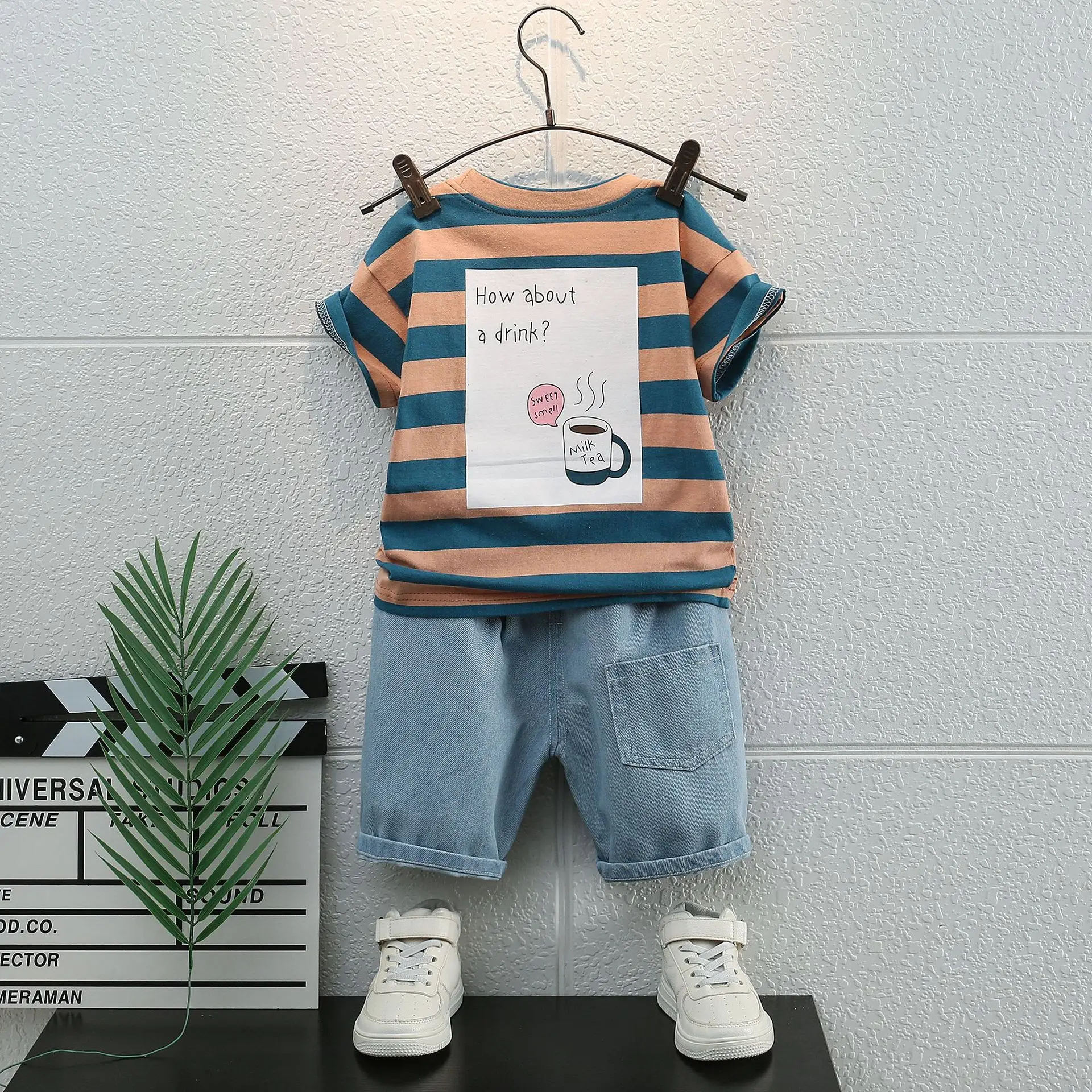Children Cotton Shorts Set Blue White Summer - Image 3