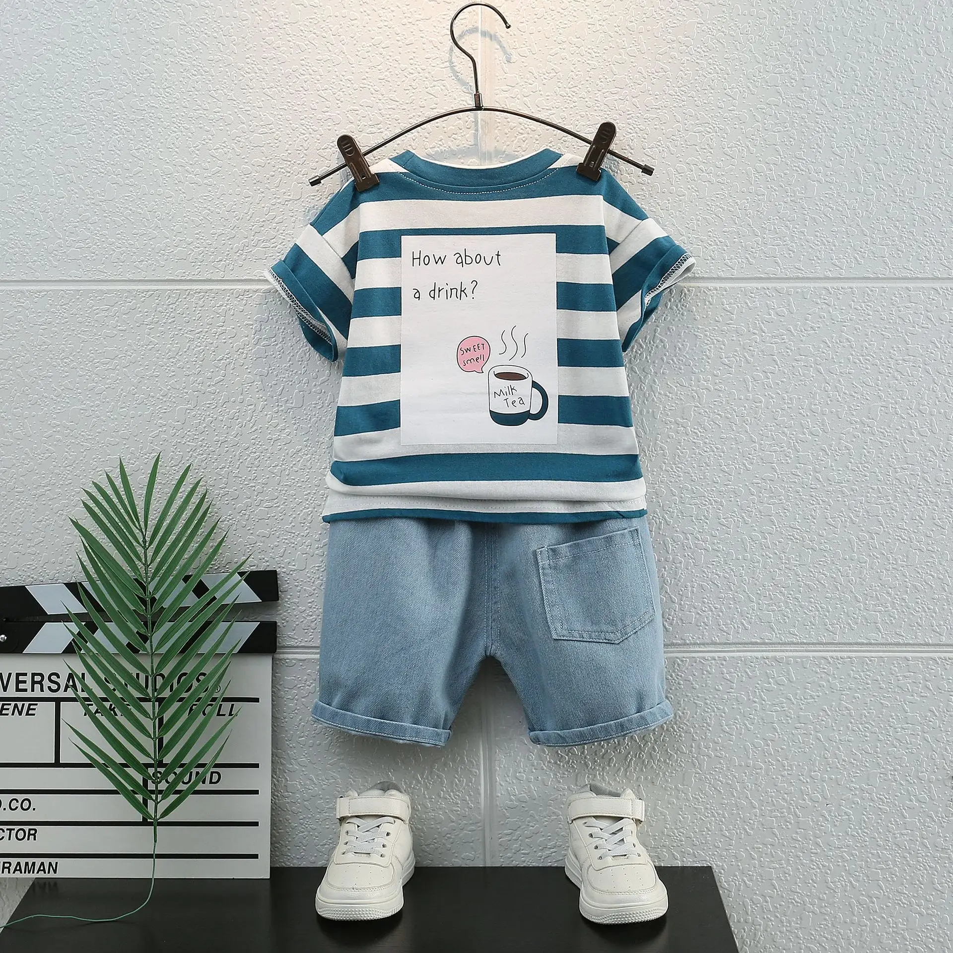 Children Cotton Shorts Set Blue White Summer - Image 5