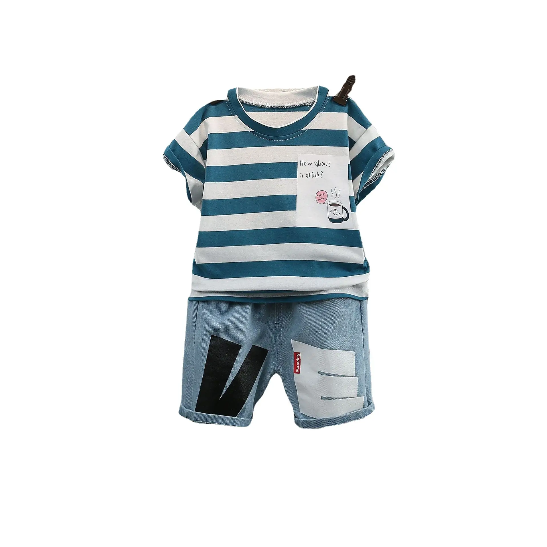Children Cotton Shorts Set Blue White Summer - Image 6