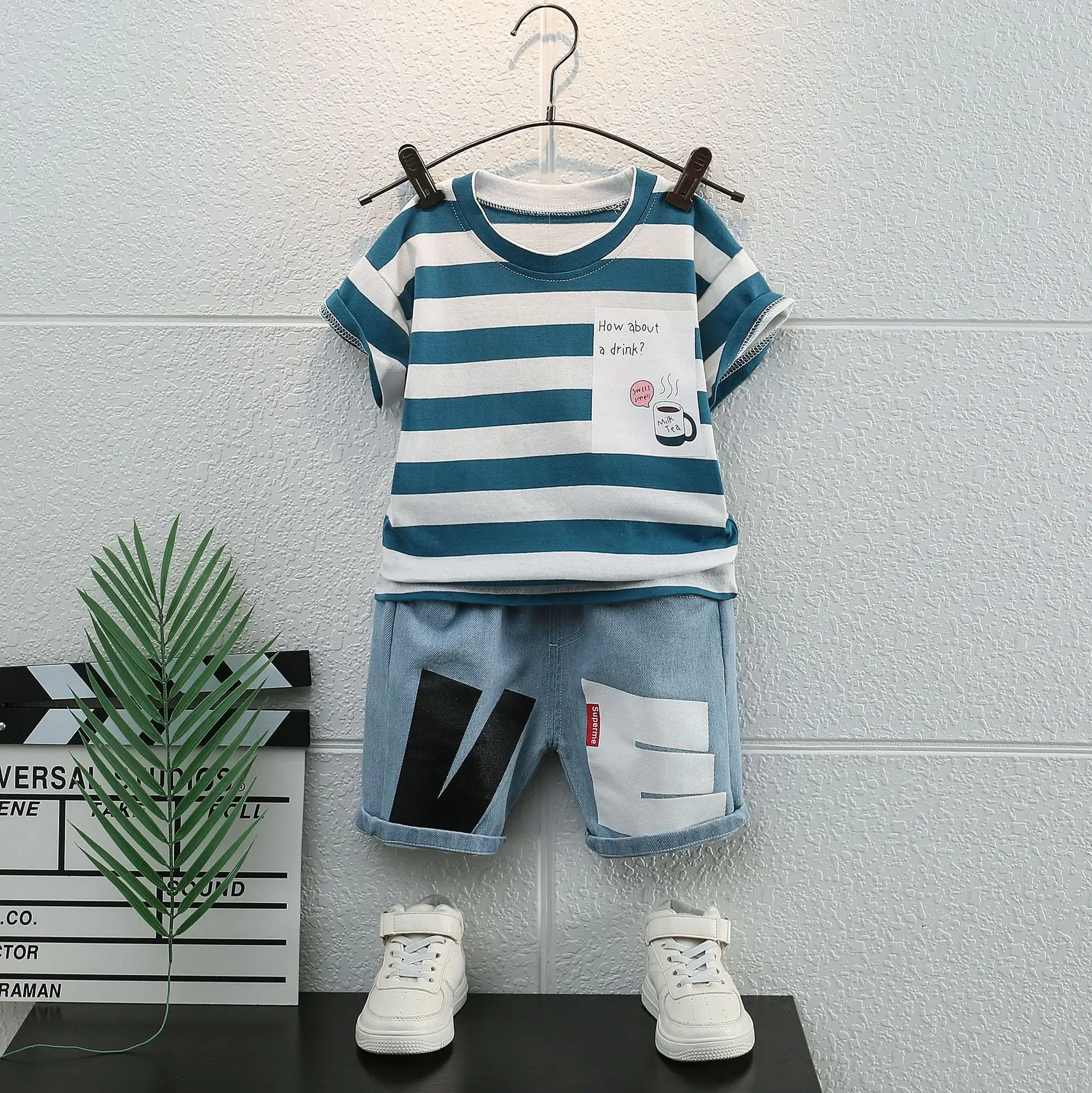 Children Cotton Shorts Set Blue White Summer - Image 2