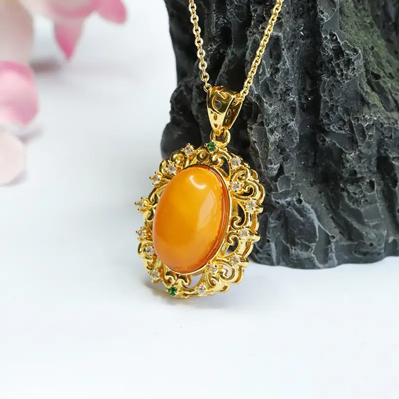 Natural Amber Pendant Necklace for Women Gold Plated - Image 4