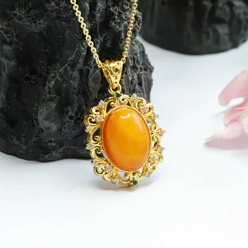 Natural Amber Pendant Necklace for Women Gold Plated - Image 5