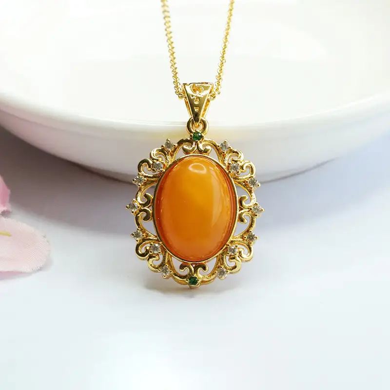 Natural Amber Pendant Necklace for Women Gold Plated - Image 2