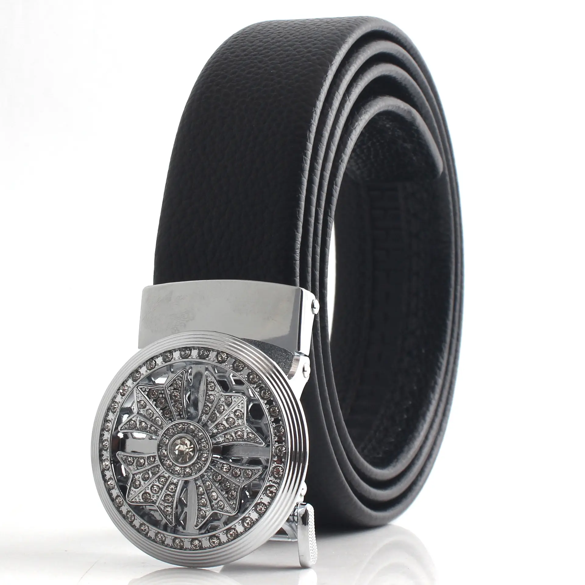 Men's Black Leather Belt with Mechanical Buckle - Image 2