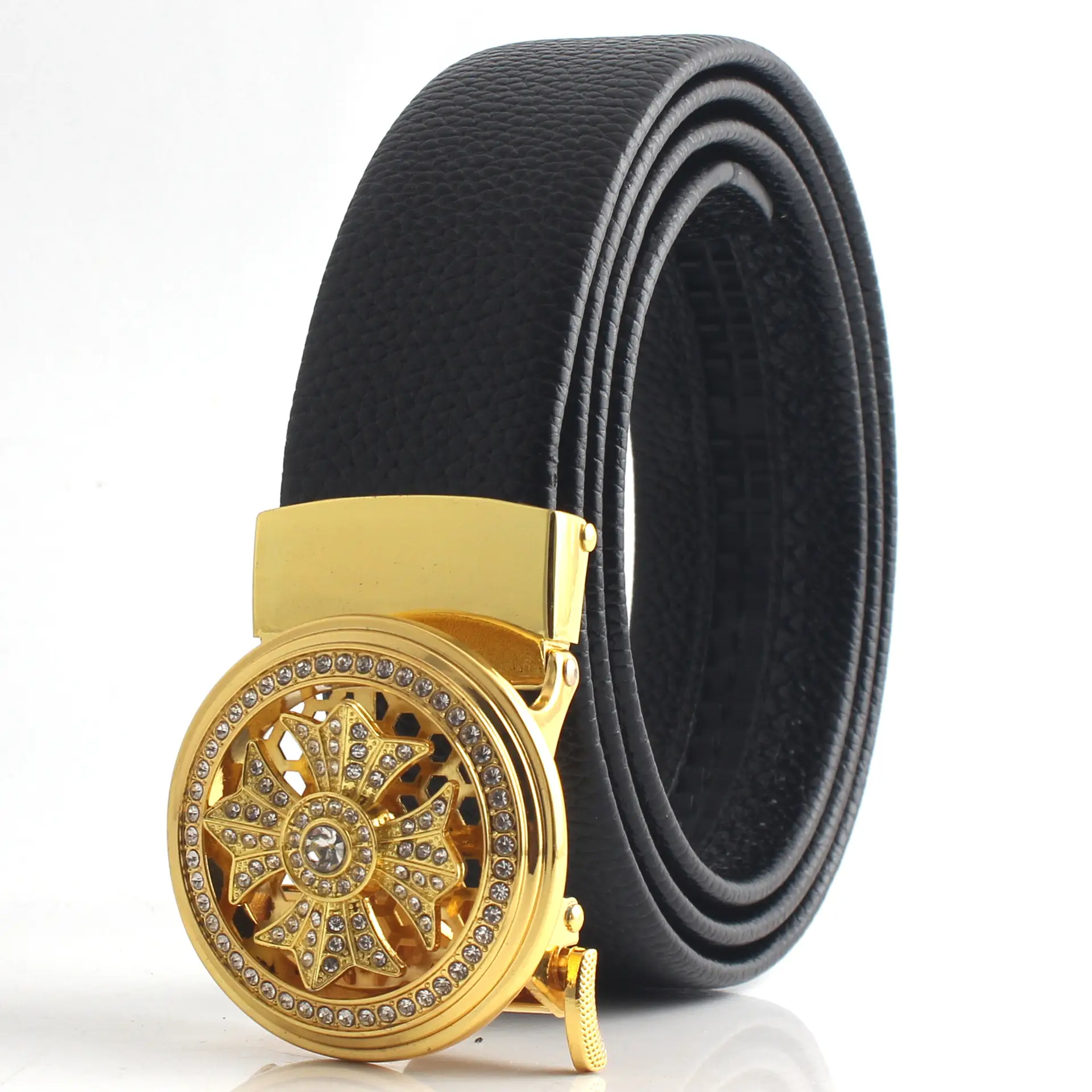Men's Black Leather Belt with Mechanical Buckle