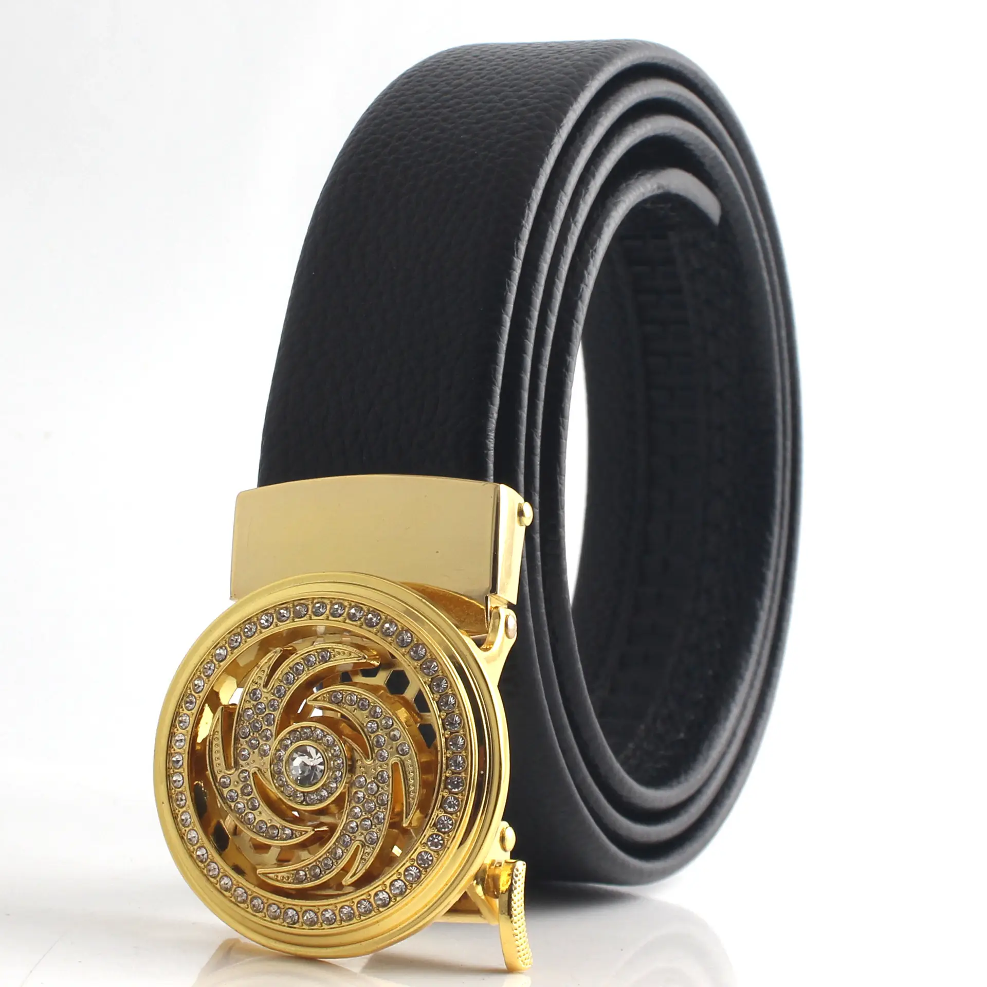 Men's Black Leather Belt with Mechanical Buckle - Image 3
