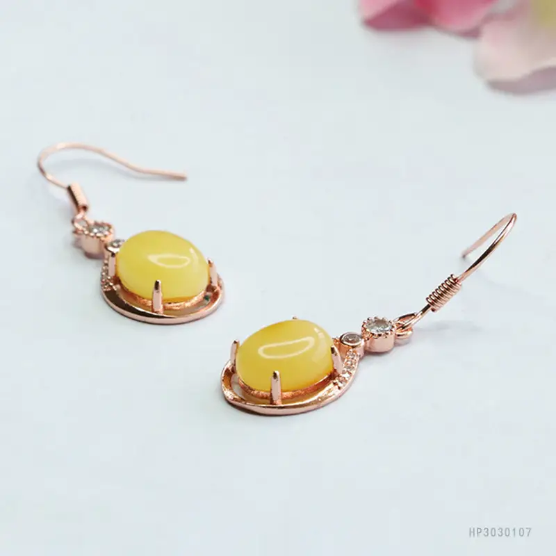 Guan Yu Yellow Amber Earrings with Honey Design