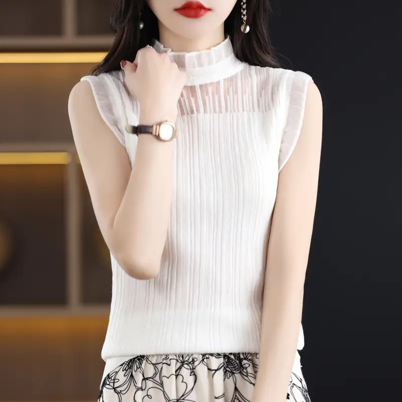 Women's White Sleeveless Fungus Lace Turtleneck Vest - Image 5