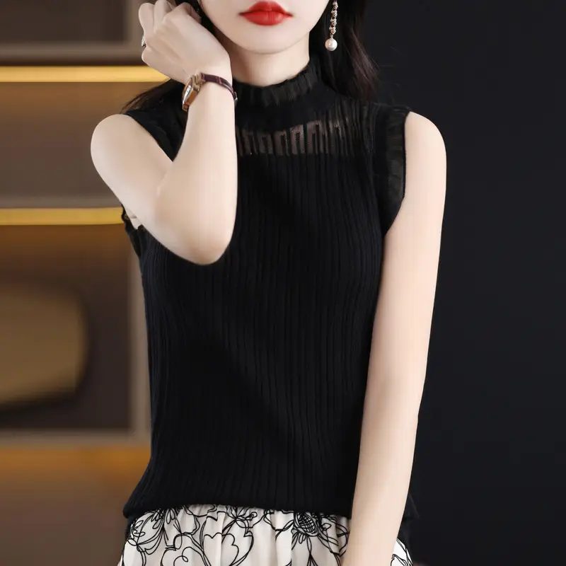 Women's White Sleeveless Fungus Lace Turtleneck Vest - Image 6